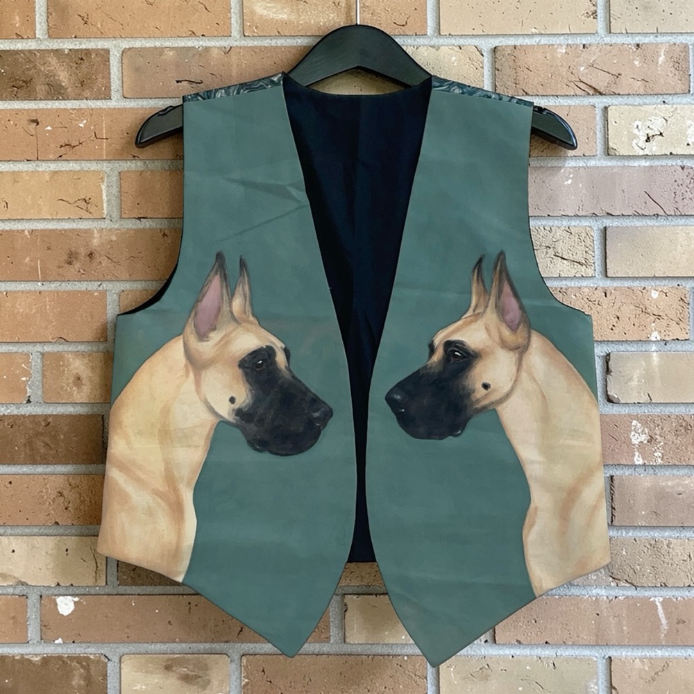 Vintage Men Hand Painted Fawn Great Dane Portrait Open-Front Waistcoat Vest L/XL